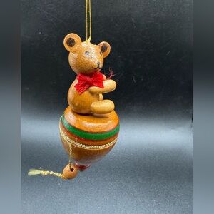 Bear on Spinning top Wooden Vintage Ornament 4”